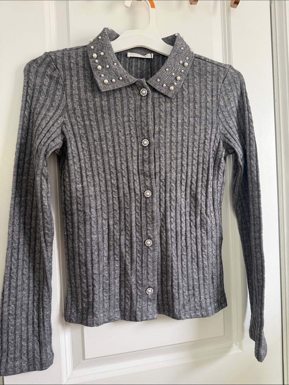 Zara Gray Cable-Knit Cardigan with Pearl Collar